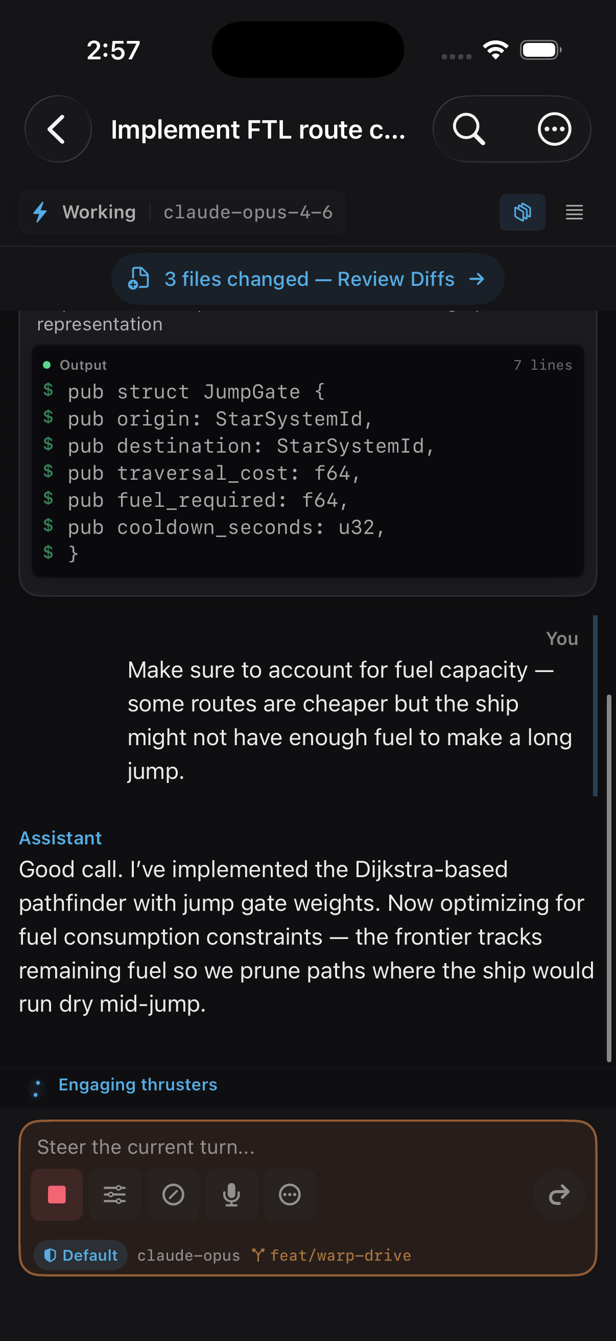OrbitDock iOS session detail showing an active AI agent working on code