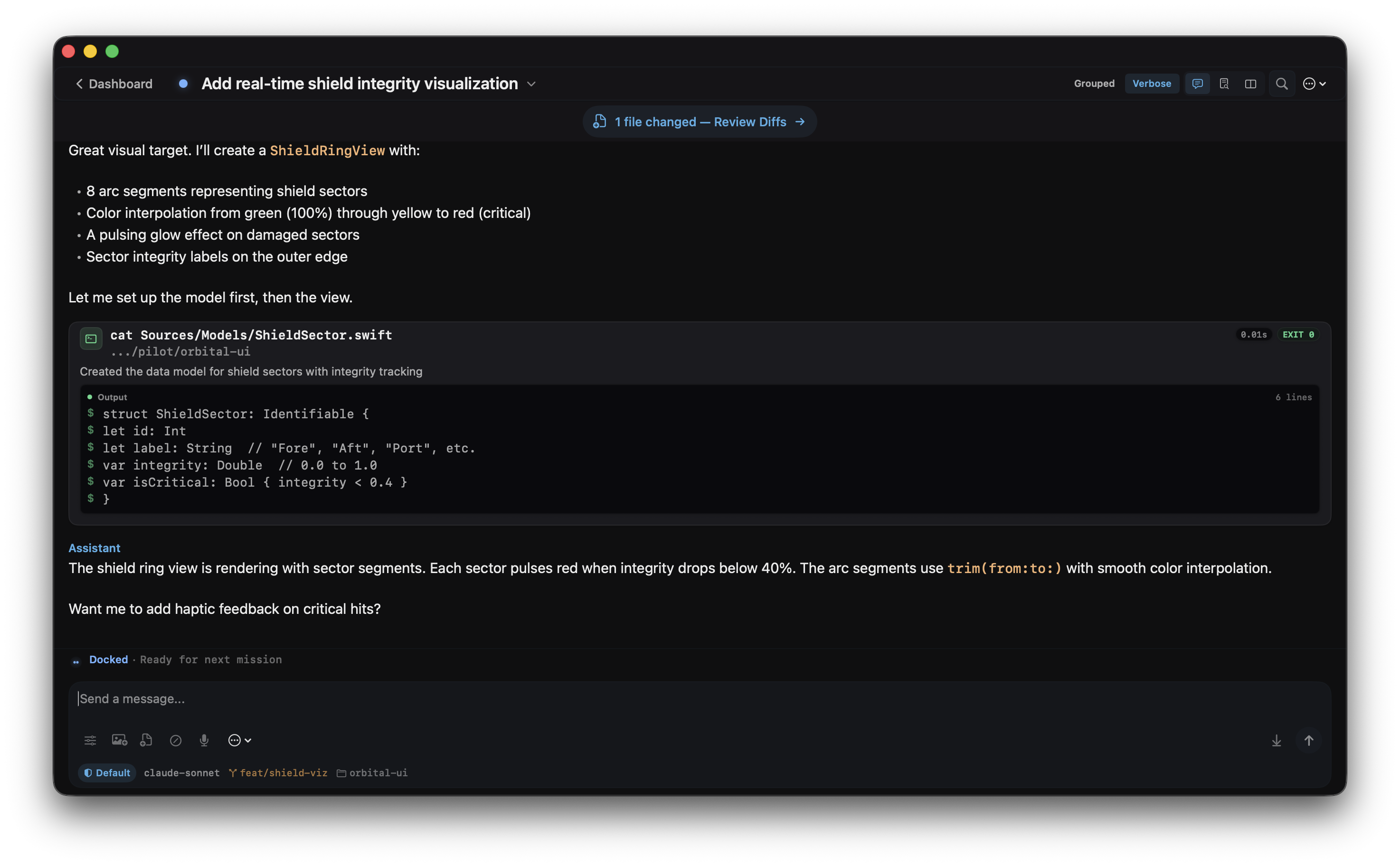 OrbitDock macOS session detail showing a conversation with an AI coding agent