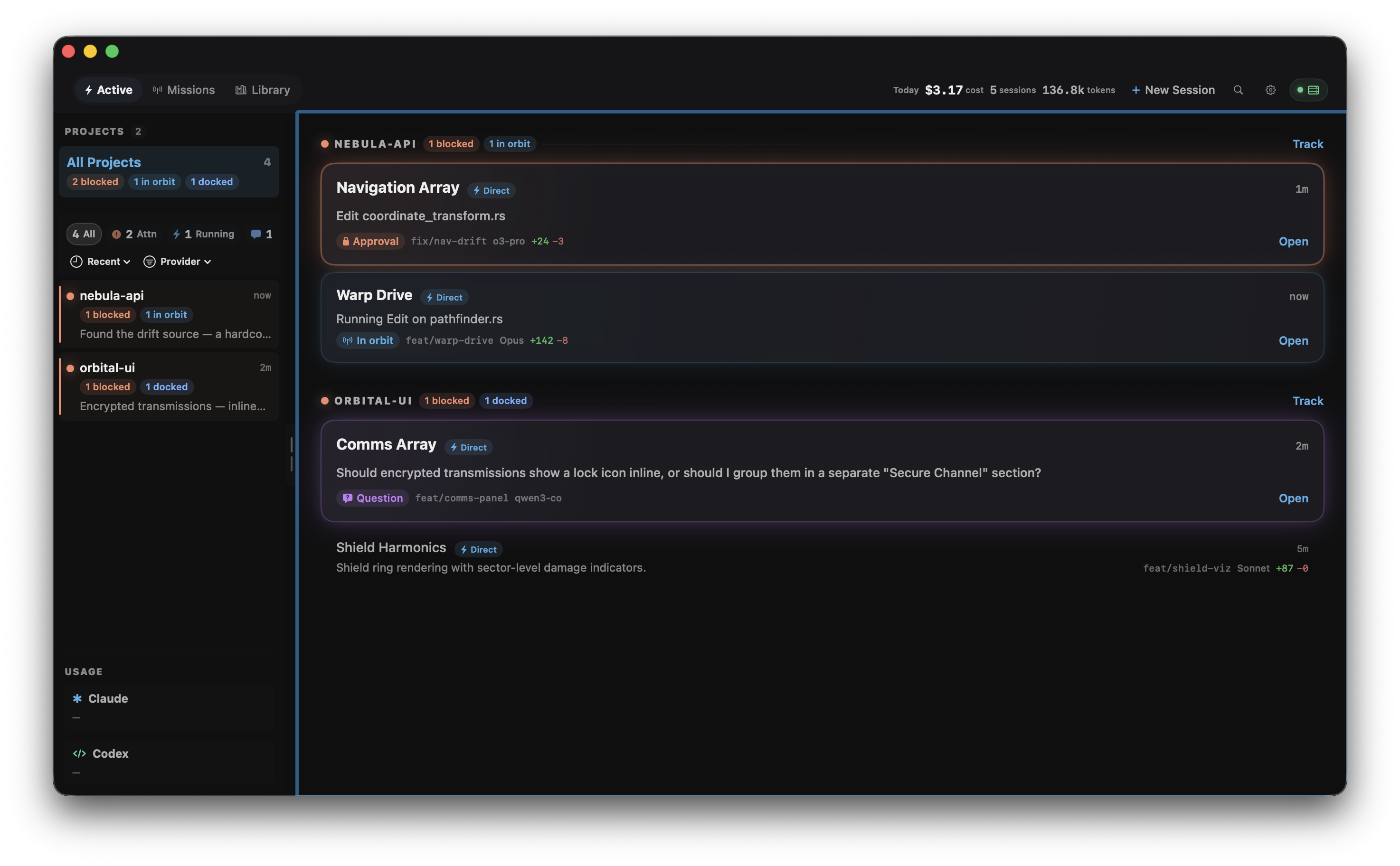 OrbitDock macOS dashboard showing active AI agent sessions across multiple projects